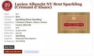 Lucien Albrecht NV BRUT SPARKLING Crémant Alsace 12-1-15